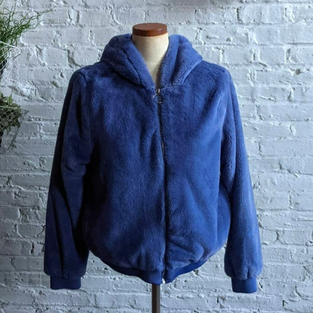 Y2K Blue Faux Fur Jacket Furry Hooded Zip Up Sweatshirt M Velvet Fuzzy Sweater